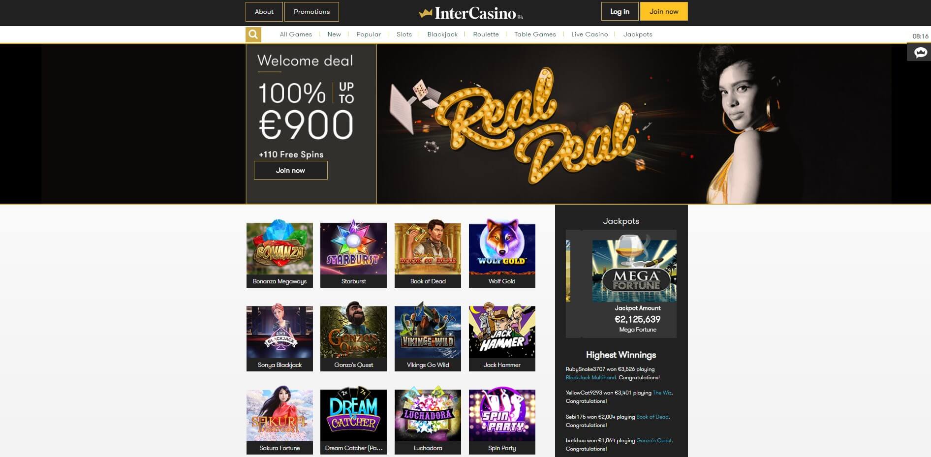 Интерфейс официального сайта Inter Casino